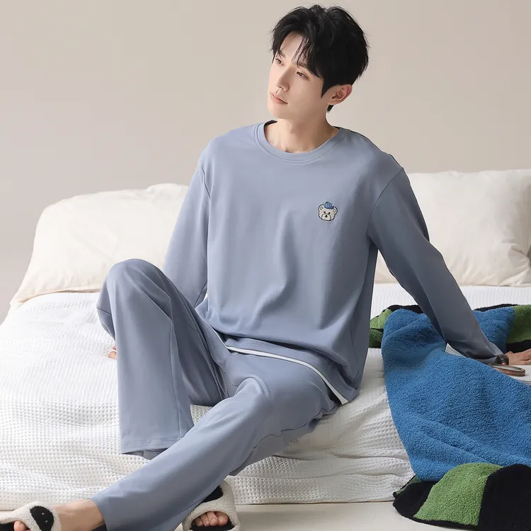 新款100%棉春秋男士睡衣长袖长裤圆领家居服时尚休闲纯棉套装外穿