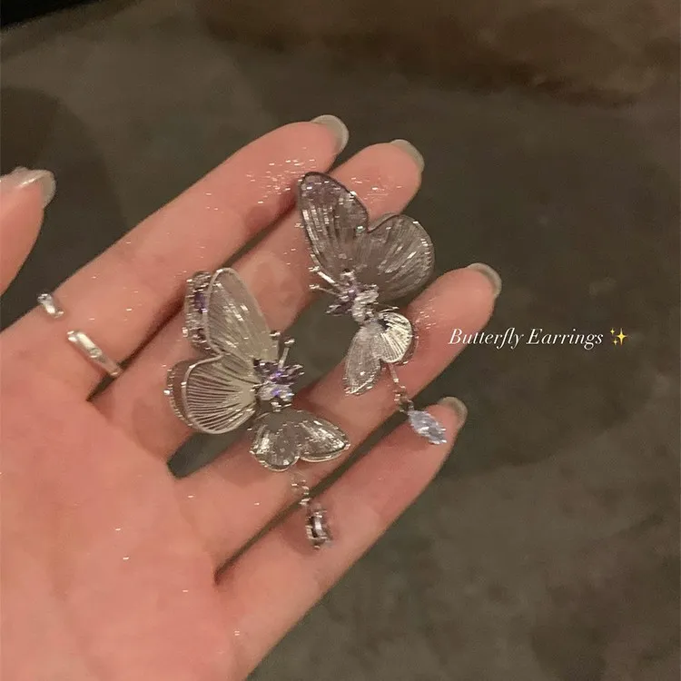 仙气紫色闪锆灵动镂空蝴蝶耳环女轻奢感小众耳钉耳饰