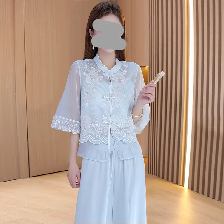 新中式气质套装女2025年夏季新款设计感国风刺绣上衣阔腿裤两件套