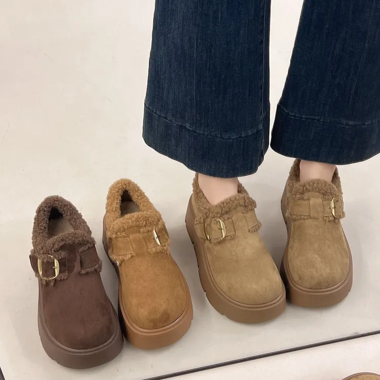 牛皮女鞋勃肯鞋女冬季加绒保暖厚底毛毛鞋加厚厚底棉鞋10061