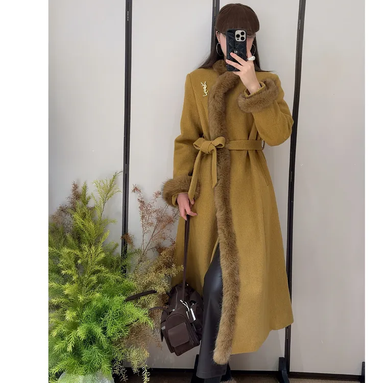  韩版东大门拼接毛毛系带时尚系带加棉长款风衣毛呢外套