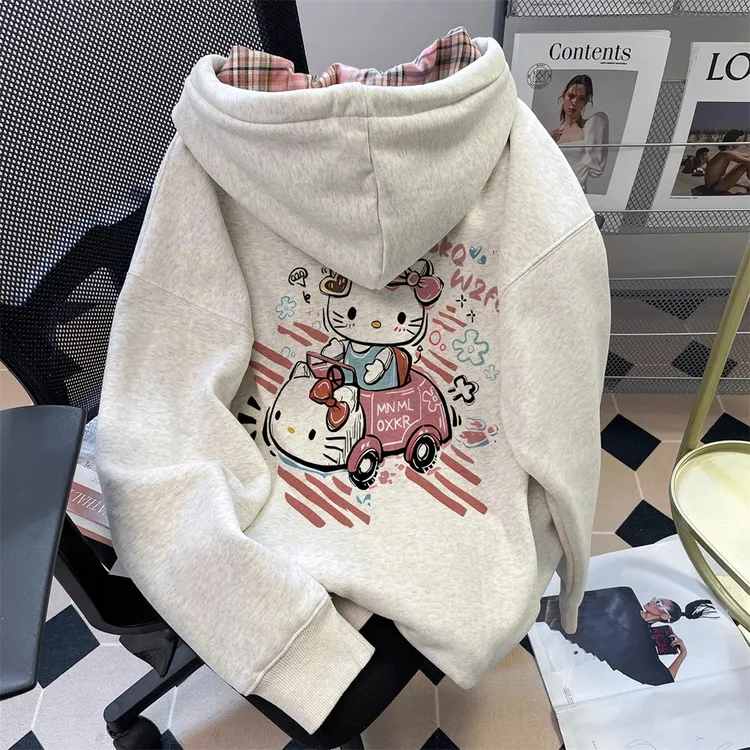 韩系慵懒风可爱kitty猫卫衣开衫女童中大超好看连帽春秋拉链外套