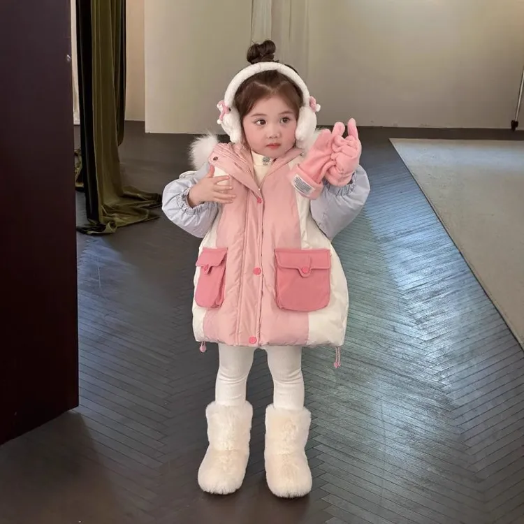 橘止皮女童羽绒服冬季中长款拼色连帽90白鸭绒女童儿童羽绒服新款