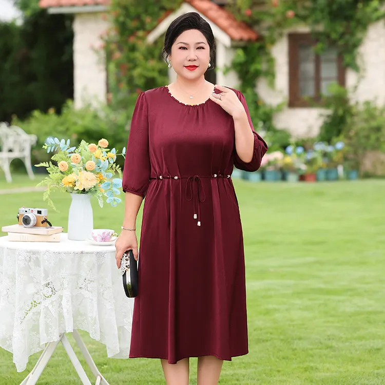 胖妈妈秋装连衣裙雪纺裙子七分袖收腰显瘦中老年女装休闲气质裙子