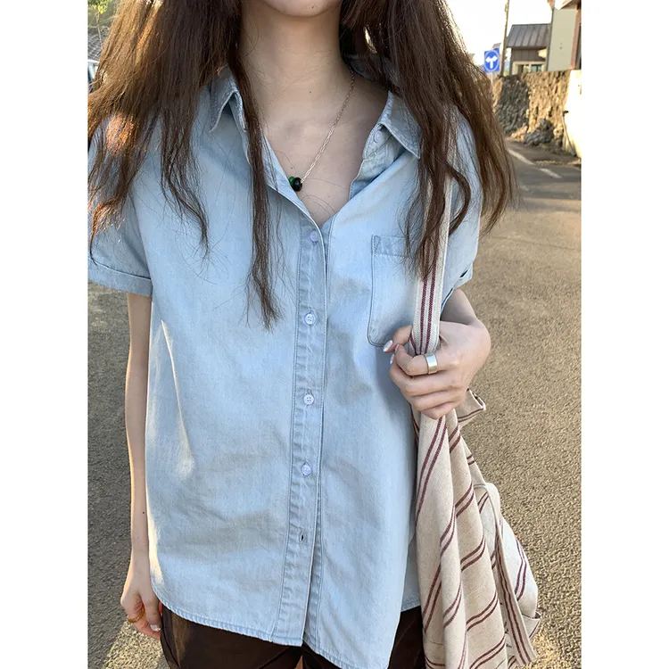 Hellooo Eat 纯棉水洗蓝短袖牛仔衬衫EM3057