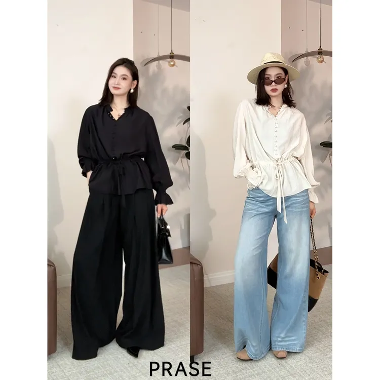 PRASE·噜【午后茶歇】微胖轻奢设计款秋桑蚕丝气质抽绳衬衫PR508S20