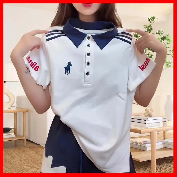 韩式大码白色纯棉t恤女短袖夏季新款小马刺绣polo衫撞色拼接上衣