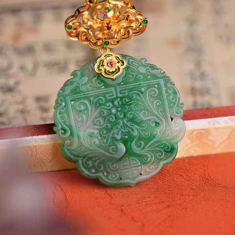 戊申堂【双凤齐鸣】冰玉独龙玉吊坠纯手工雕刻 国风珠宝