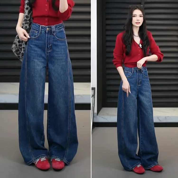 复古加绒加厚直筒牛仔裤女秋冬季保暖2025新款高腰显瘦窄版阔腿裤