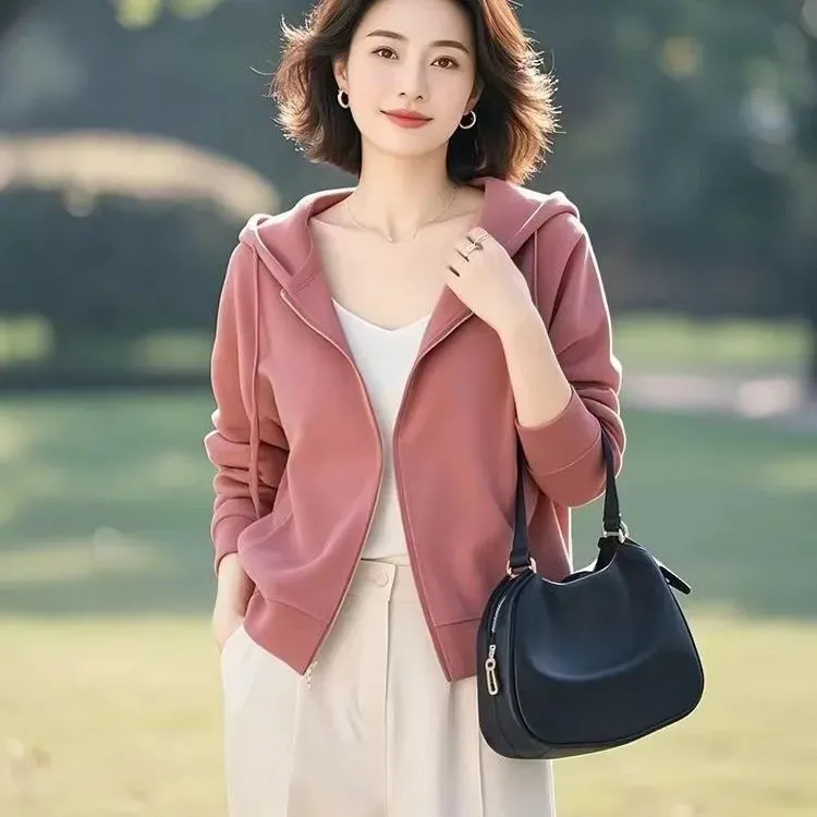 2025春今年流行爆款韩版洋气减龄休闲慵懒风粉色连帽卫衣拉链外套