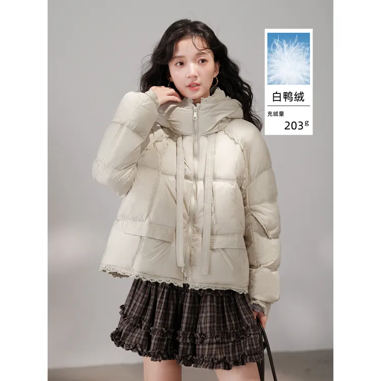木易易 连帽白鸭绒短款羽绒服女2025新款冬季小个子加厚保暖外套