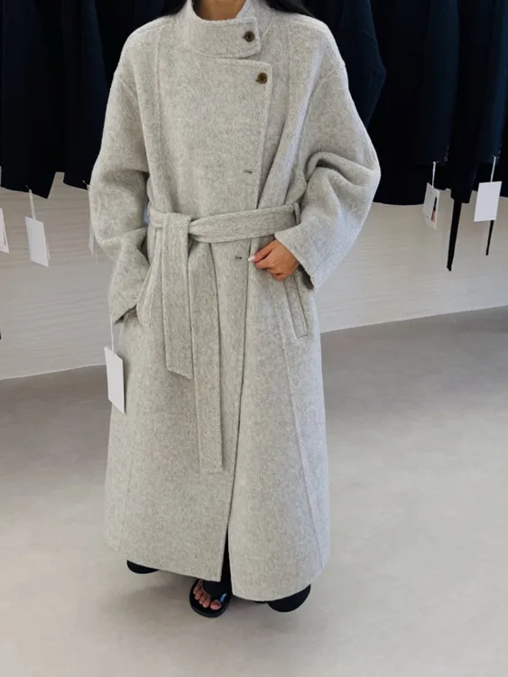 双面大衣立领系带设计秋冬宽松气质百搭长款