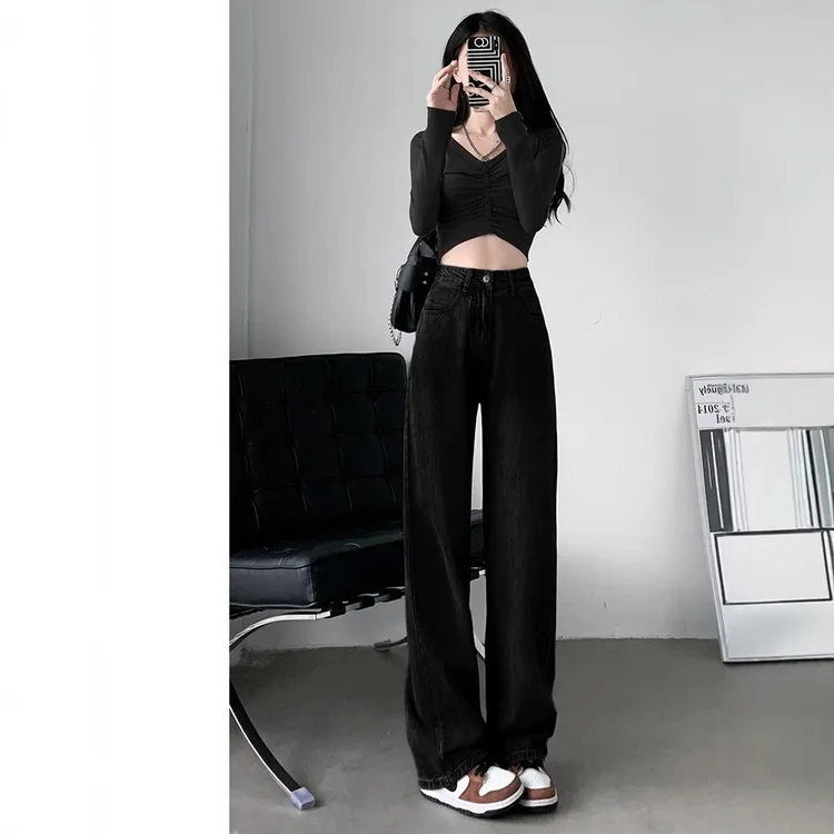 高腰直筒牛仔裤女黑色显瘦新款小个子宽松直筒阔腿裤秋季丹宁子