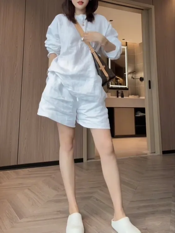 女森说夏季薄款慵懒风亚麻套装褶皱宽松显瘦时尚洋气透气两件套
