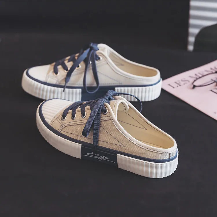 MDNG同款秋季新款潮流百搭帆布鞋低帮懒人半拖鞋平跟防滑休闲鞋子