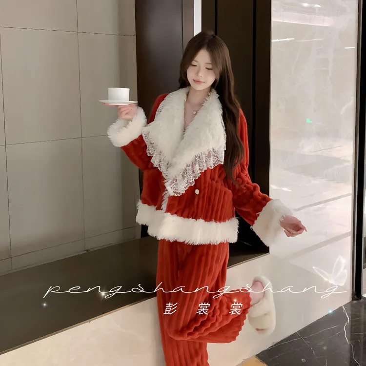 彭裳裳【圣诞恋歌】冬装上新丝绒款睡衣保暖加厚女士长袖家居服套装