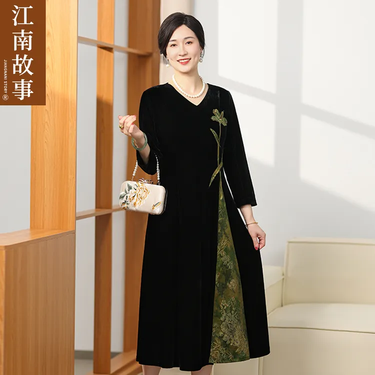 江南故事[顺丰现货]秋季中腰高腰不褪色休闲连衣裙时尚中老年女装