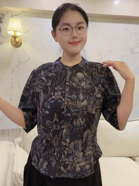 【爱莲】双层纱数码印花秋季修身立领长袖显瘦气质国风上衣3508