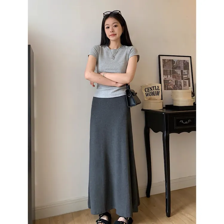 【欧若风轻欧感】深灰色半身裙女夏季中长款包臀鱼尾裙长裙遮腿粗