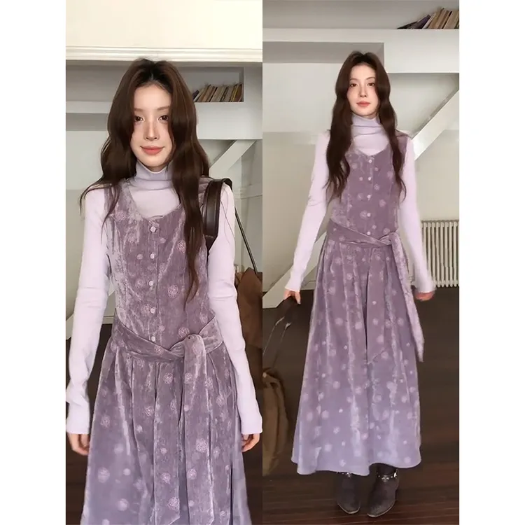 INS CEC秋冬新款紫色半高领针织衫上衣叠穿收腰高腰半身裙套装