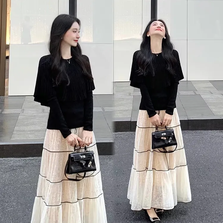 2025秋冬新款时尚大气精致感斗篷披肩上衣伞裙蕾丝裙套装裙子两件