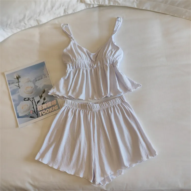 2025爆款夏季吊带短裤洋气睡衣套装纯欲风马卡龙温柔系少女清凉感