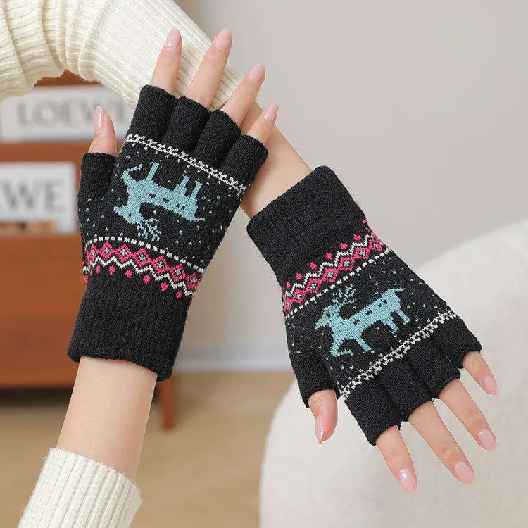 冬季保暖半指手套女加厚保暖防寒韩版小鹿成秋冬加厚半指保暖手套