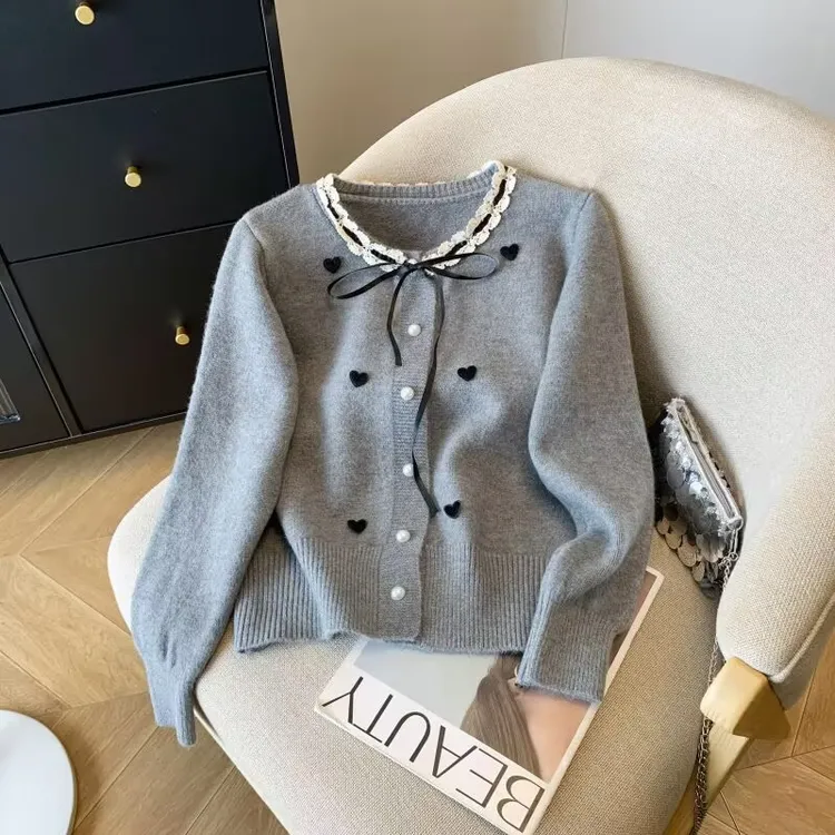 小香风针织开衫女甜美爱心春秋针织衫上衣2025新款蝴蝶结系带毛衣
