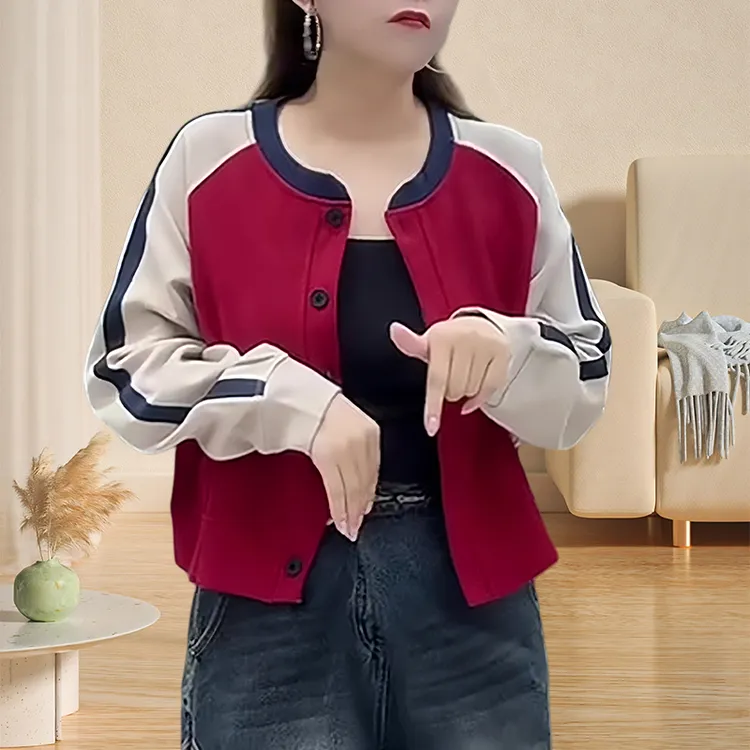 早秋撞色外套2025新款美式时尚复古棒球服显白显瘦款红色开衫卫衣