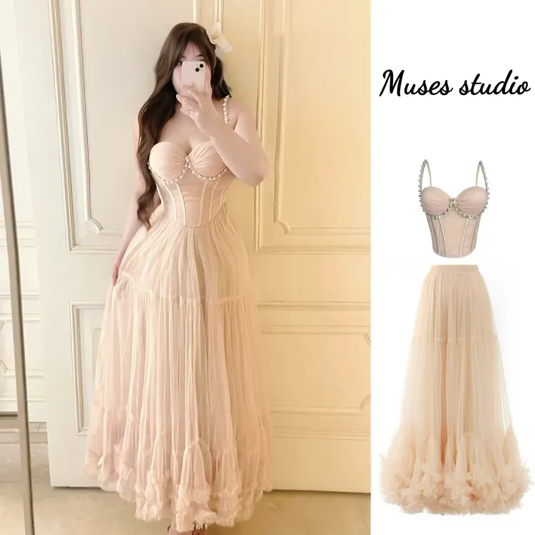 “西洋茶会”复古浪漫鱼骨胸衣吊带上衣钉珠花边网纱收腰半裙套装女