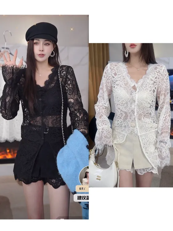 SY26【依美丁】V领前扣子百搭蕾丝开衫打底