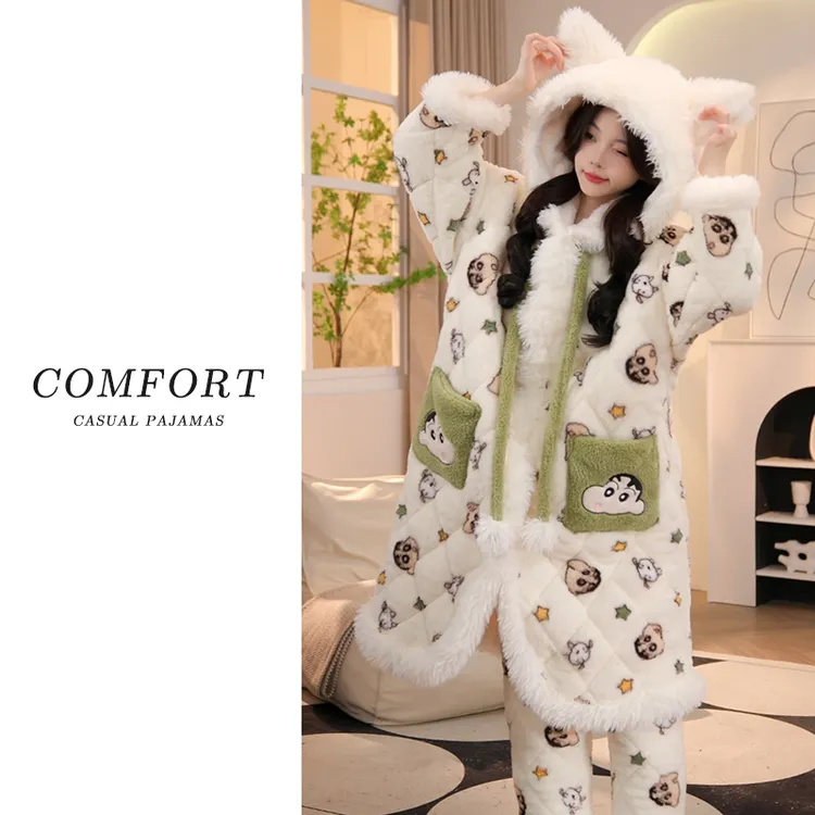 诺盾加厚加绒保暖三层夹棉睡袍女冬季珊瑚绒可外穿连帽睡衣家居服