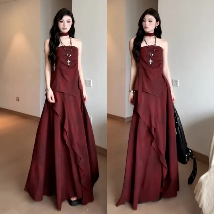吊带裙新中式红色一字肩抹胸小众子女夏季2025新款气质感长裙套装