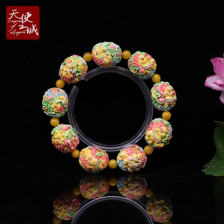 天然猛犸象牙狮子手串冰料精工雕刻彩绘事事如意佛珠念珠串把件