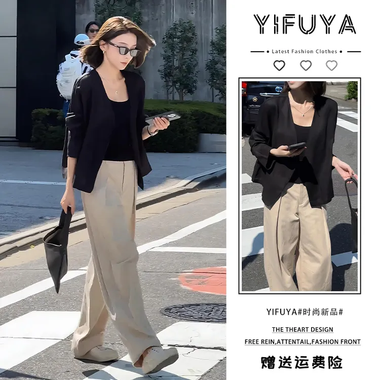 2025年秋季网红时尚炸街通勤黑色薄纱外套阔腿裤减龄高级感两件套