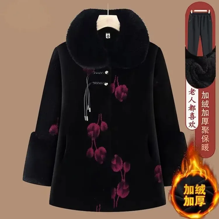 洋气奶奶冬装棉服北欧貂绒大衣中老年人女妈妈加绒加厚国风棉外套