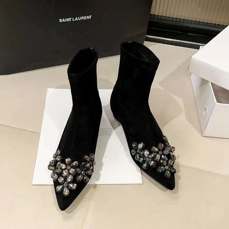 法式尖头水钻圆头弹力靴气质时尚秋冬瘦瘦靴内增高4厘米