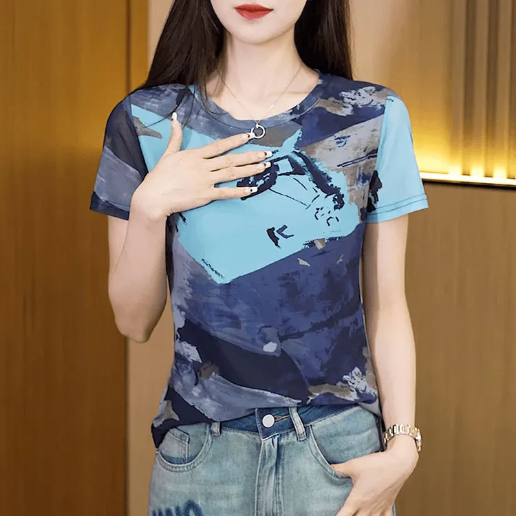 L时尚显瘦撞色短袖T恤女2025款夏休闲宽松印花百搭圆领上衣潮