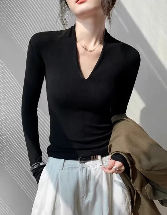 【双版本】纯欲风2025新款修身显瘦正肩V领辣妹秋季上衣女中袖+长袖