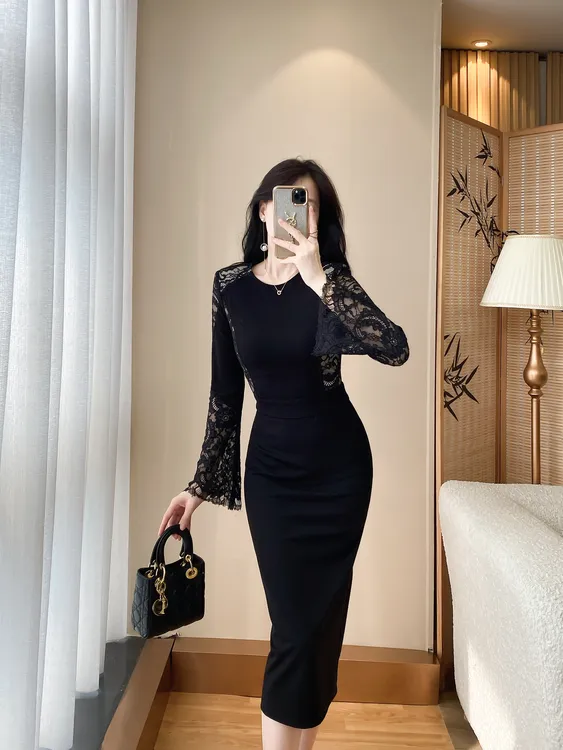 女式长裙圆领蕾丝法式裙子包臀时尚连衣裙秋季