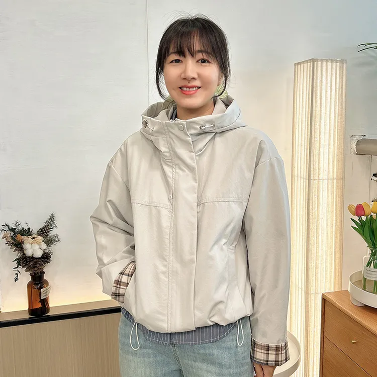 诗想 撞色格子短款外套女连帽小个子显高韩版宽松显瘦春秋季夹克