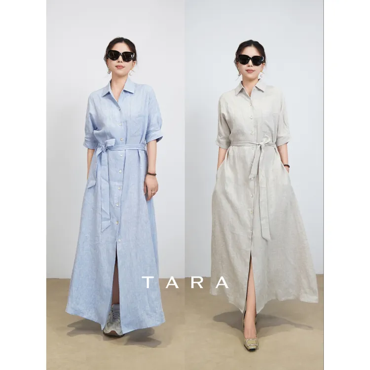 TARA|意大利LP同源雨露麻/色织100%亚麻通勤度假短袖翻领长连衣裙