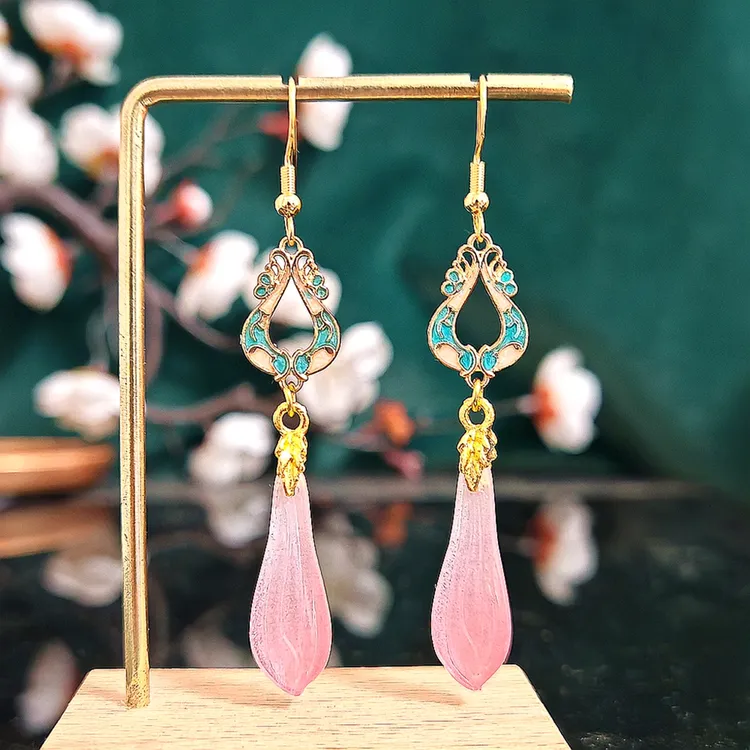 多吉米 合金耳饰 桃花流萤粉色耳环耳饰新中式复古配古装汉服旗袍