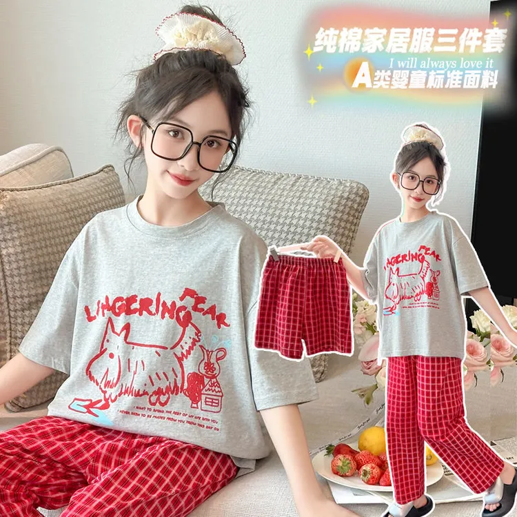 儿童睡衣女童纯棉夏季短袖三件套全棉中大童小女孩薄款家居服套装