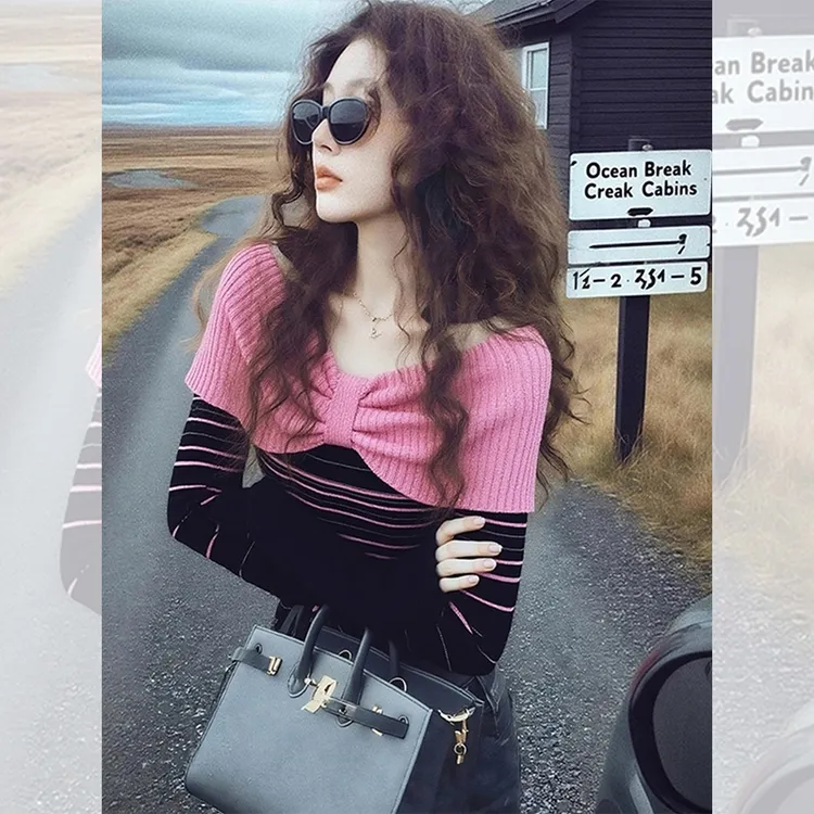 别致独特漂亮粉色针织小衫女装秋冬季穿搭洋气高贵百搭一字肩上衣