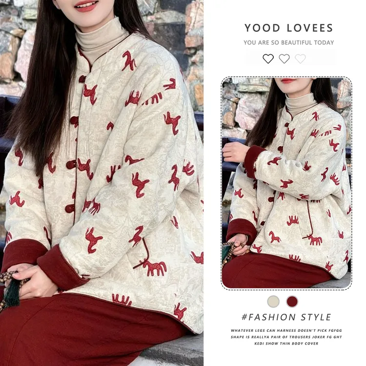 新中式国风双面穿盘扣印花上衣女2025冬季洋气显瘦加厚保暖短外套