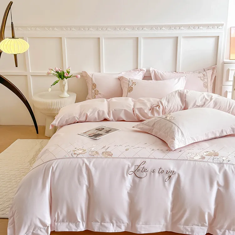 水星高端家纺现代轻奢风A类母婴级100纯棉四件套全棉长绒棉刺绣被