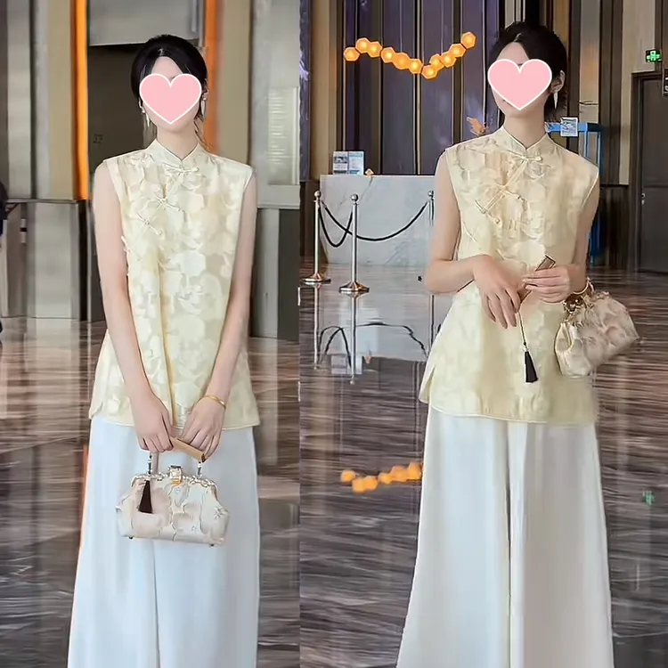 2025年新中式提花无袖中长款上衣+阔腿裤夏季清凉感两件套
