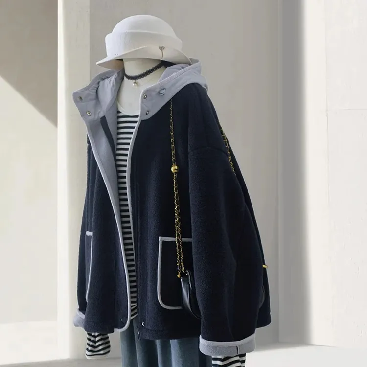 加肥大码300斤保暖颗粒绒连帽外套男女秋冬宽松设计感撞色棉服潮2