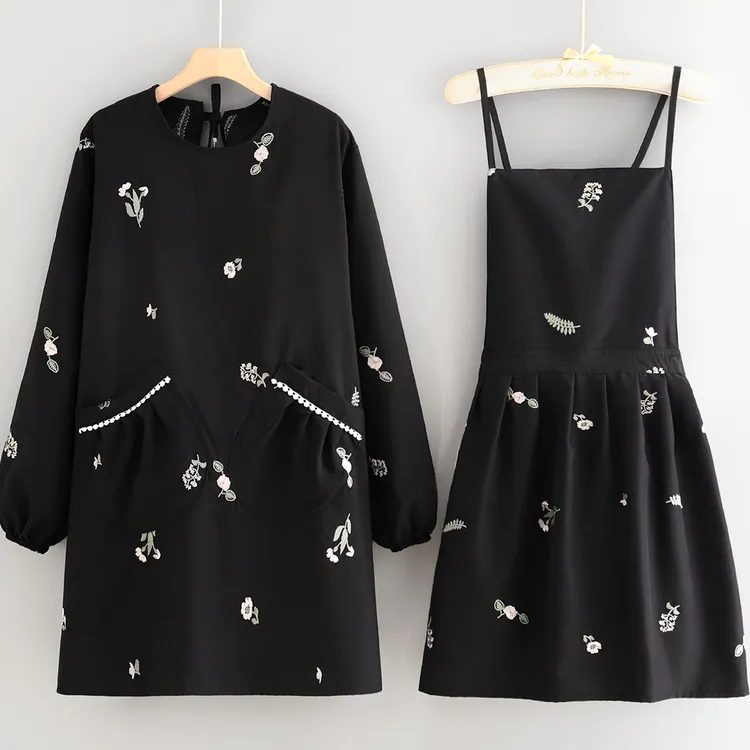 洋气罩衣刺绣公主裙厨房家用围裙女透气围腰烘焙奶茶店长袖工作服